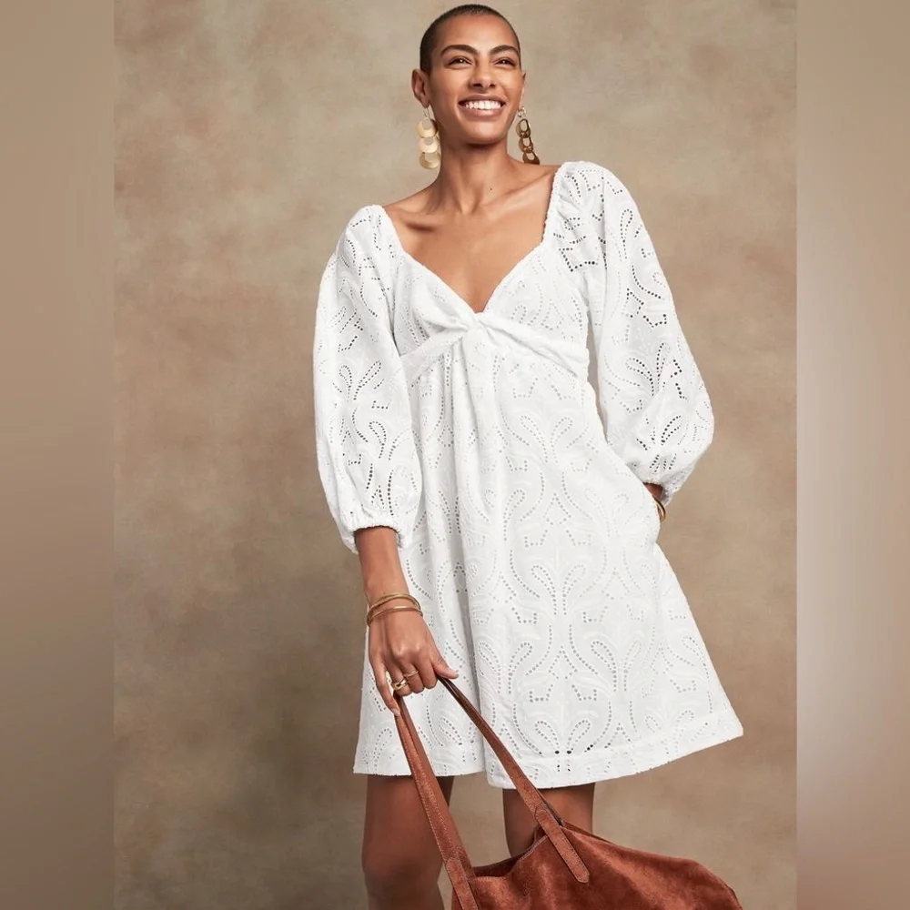 Banana Republic Eyelet Twist Mini Dress MT Med Tall Black Puff Sleeve Babydoll